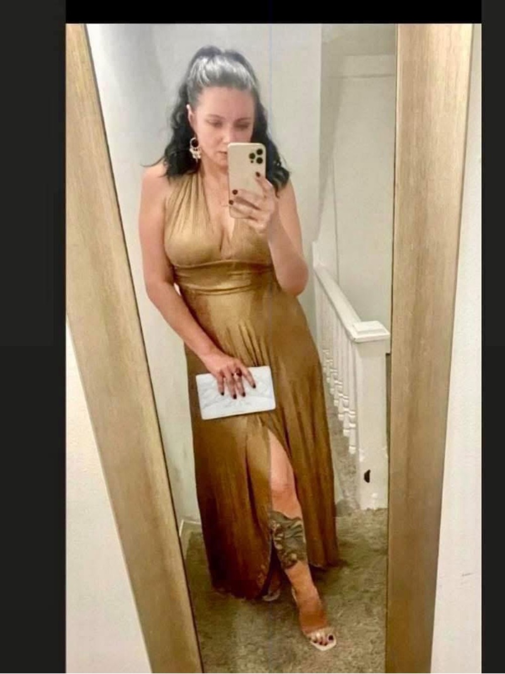 bebe Metallic Gold Halter Maxi Dress with Front Slit